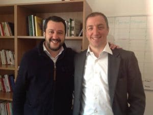 Matteo Salvini e Paolo Orrigoni nel marzo 2016, quando Orrigoni era candidato sindaco per la Lega a Varese.