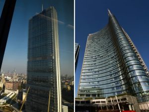 La Torre Allianz (a sinistra) e la Torre Unicredit, che dominano lo skyline di Milano (Foto dagli archivi LaPresse e Getty images)
