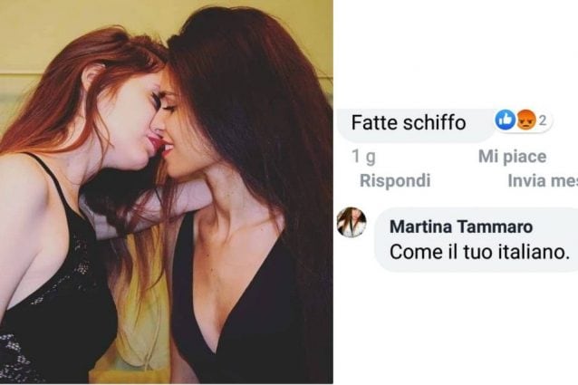 La foto di un bacio tra Martina ed Erika e uno dei tanti commenti ricevuti, con l’ironica risposta di una delle ragazze