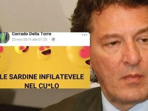 Corrado Della Torre e uno dei post contro il movimento delle Sardine