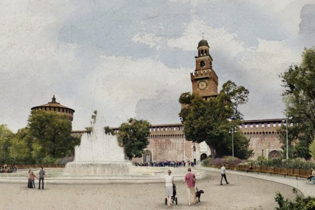 Rendering di piazza Castello dopo l’installazione di nuove piante