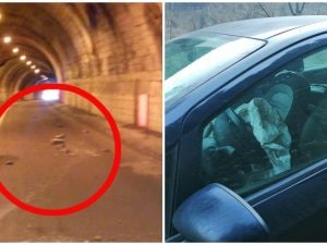 I calcinacci caduti e la macchina incidentata (foto Facebook Pietro Orrù)