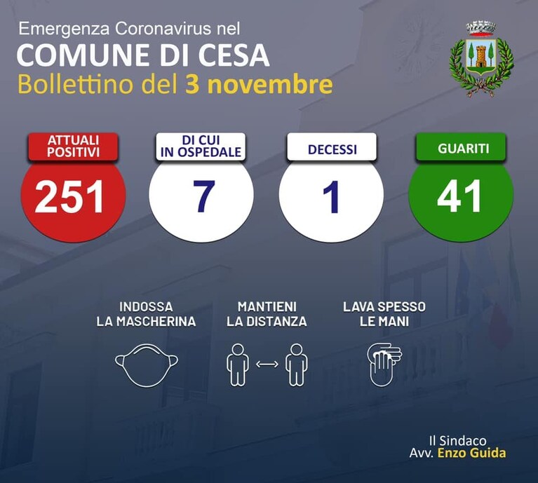 I numeri del coronavirus nel Comune di Cesa, aggiornanti al 3 novembre 2020.