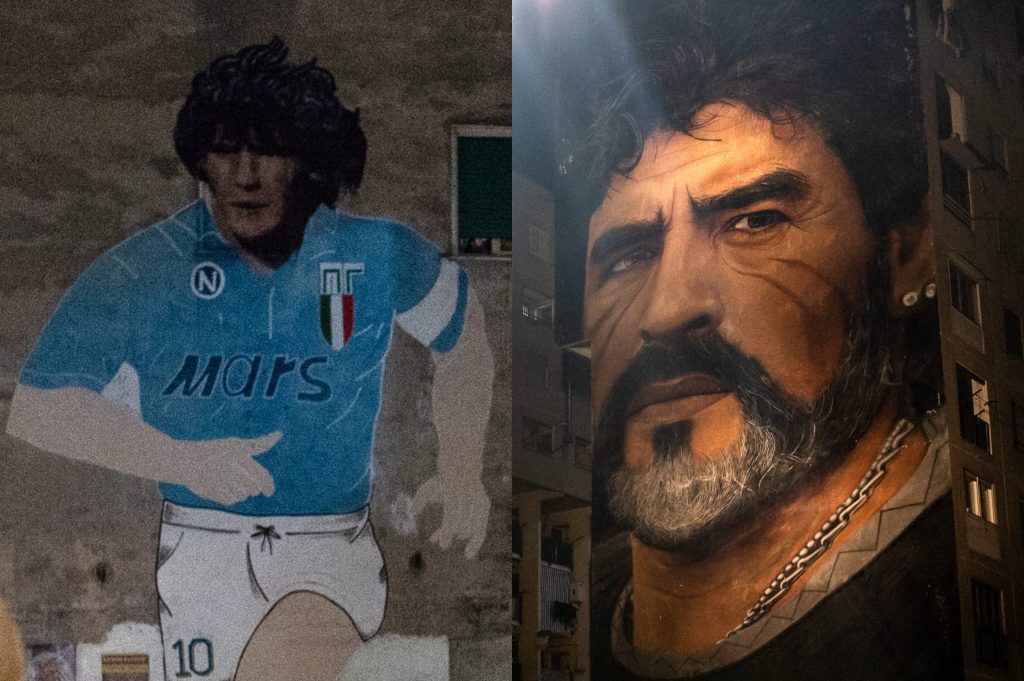 I murales di Maradona più noti: ai Quartieri Spagnoli (sinistra) e nel quartiere di San Giovanni a Teduccio (destra).
