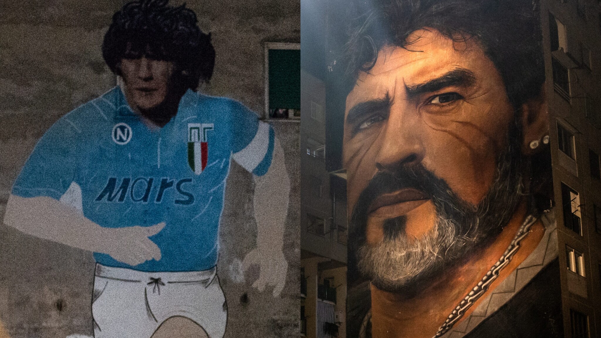 I murales di Maradona più noti: ai Quartieri Spagnoli (sinistra) e nel quartiere di San Giovanni a Teduccio (destra).