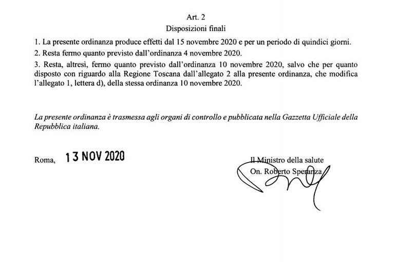 Il passaggio dell'ordinanza del 13 novembre 2020 che certifica la durata della zona rossa per la Campania.