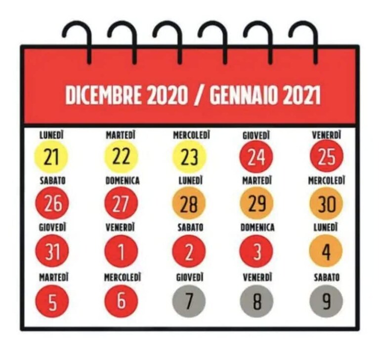 Il riepilogo dei giorni in zona rossa ed arancione per le festività di Natale e Capodanno.
