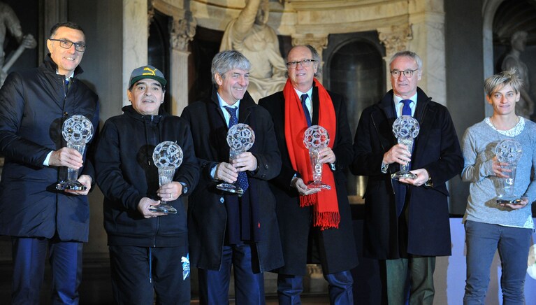 Da sinistra verso destra: Giuseppe Bergomi, Diego Armando Maradona, Paolo Rossi, Paulo Roberto Falcão, Claudio Ranieri, Melania Gabbiadini, durante la Hall of Fame del 2017 a Firenze.