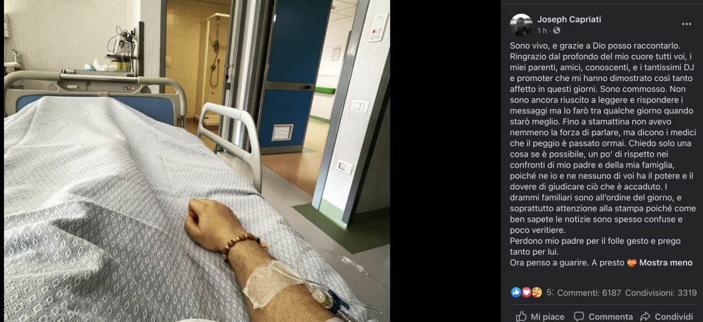 Il messaggio pubblicato da Joseph Capriati su Facebook.