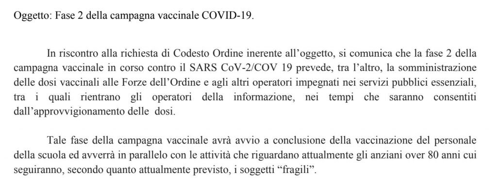 Nota Inviata dalla Regione Campania all’Ordine dei Giornalisti