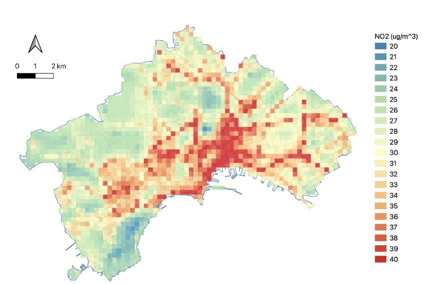 Concentrazioni annuali NO2 per l’intera città (Cittadini per l’aria onlus–Comitato Vivibilità Cittadina)