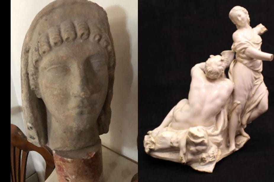 Testa in marmo della Dea Atena (a sinistra). Satiro e Musa (a destra)