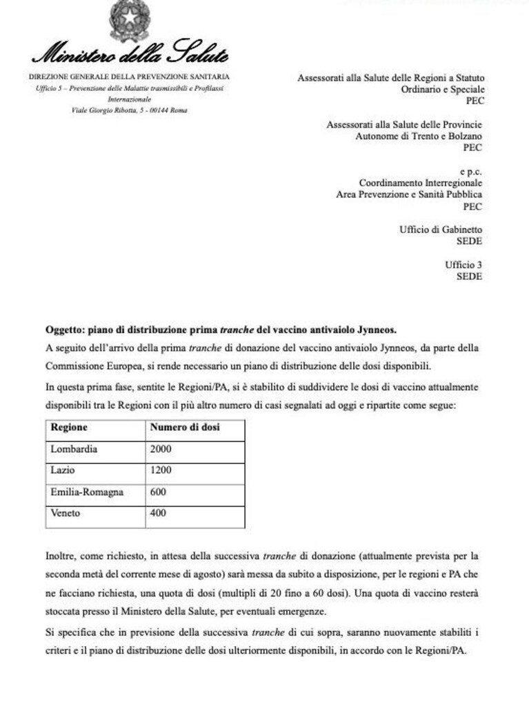 La circolare inviata dal Ministero della Salute