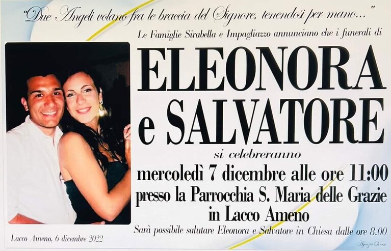 L'annuncio dei funerali di Eleonora Sirabella e Salvatore Impagliazzo