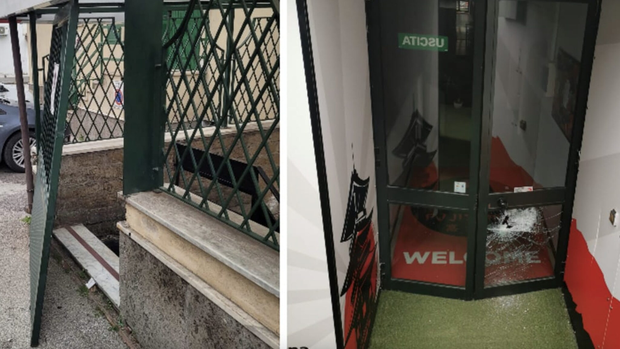 Le immagini dell'ingresso della scuola di karate Fujiyama di Pomigliano d'Arco dopo il furto.