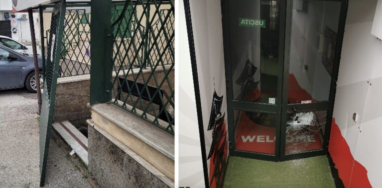 Le immagini dell'ingresso della scuola di karate Fujiyama di Pomigliano d'Arco dopo il furto.