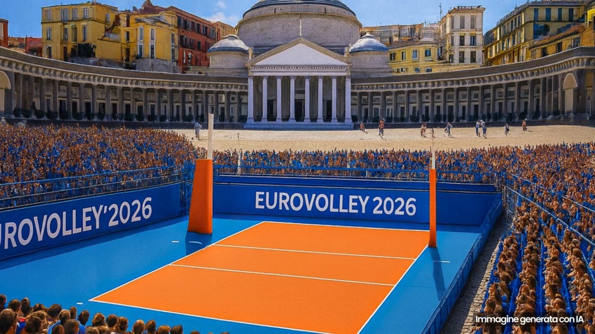 Il campo di volley per gli Europei 2026 a Napoli in piazza Plebiscito immaginato con l’intelligenza artificiale