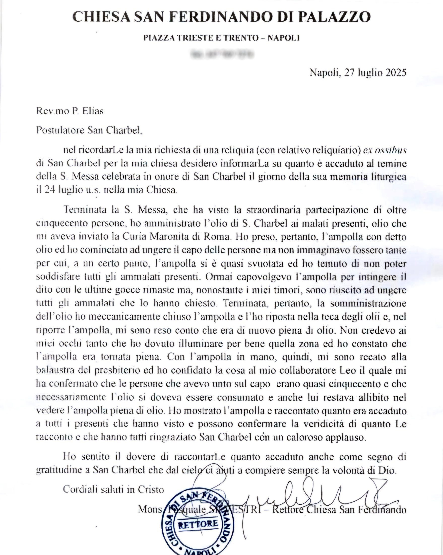 La lettera con il racconto del rettore della chiesa di San Ferdinando a Napoli