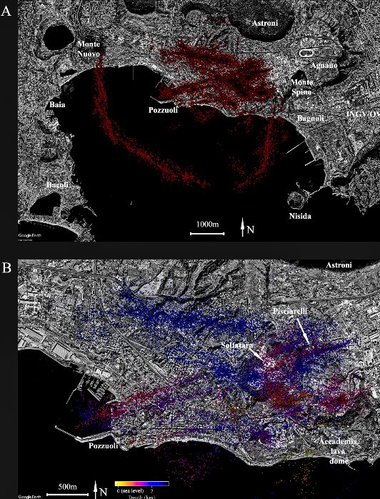 Sismicità rilocalizzata sovrapposta alle immagini satellitari della regione dei Campi Flegrei