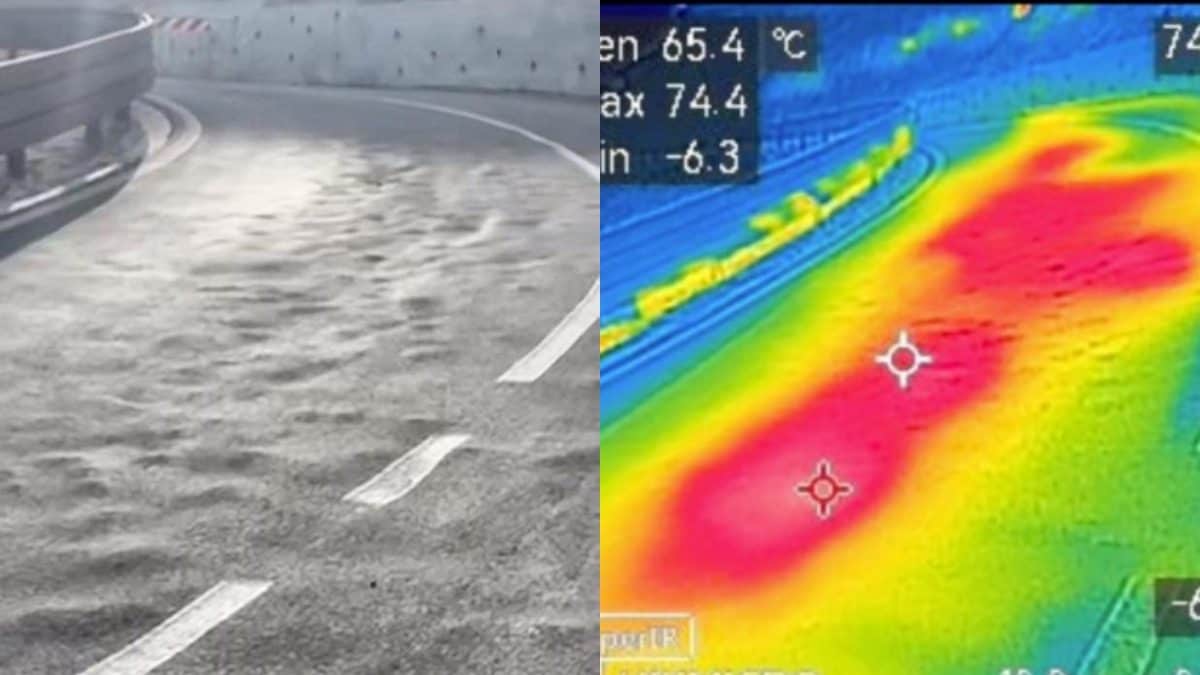 Via Antiniana, la strada deformata. A destra, la stessa zona vista con la termocamera di Solfatara News