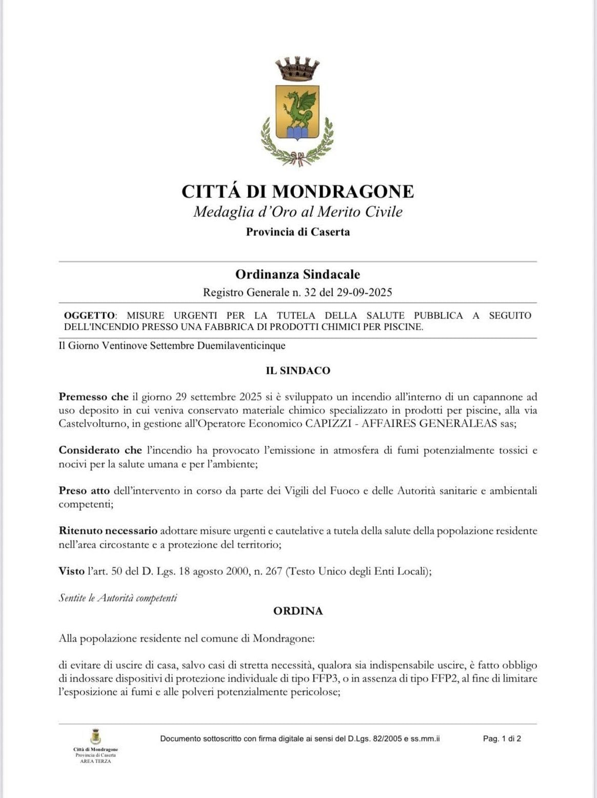 Ordinanza mascherine Mondragone
