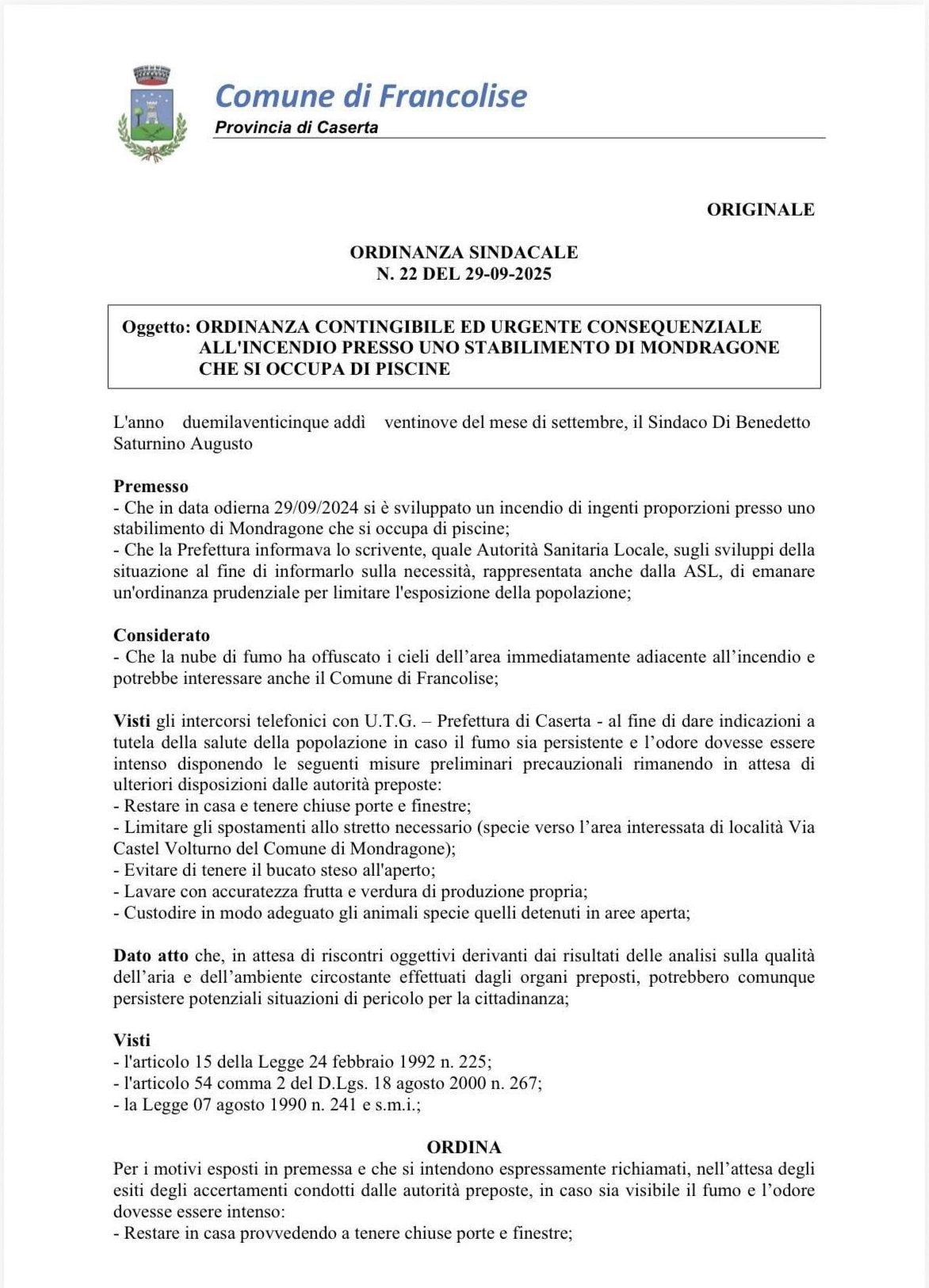 Ordinanza mascherine Francolise