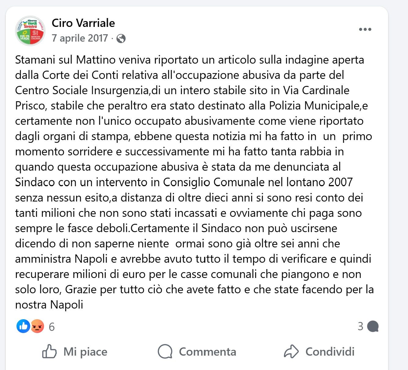 Un post del 2017 sul profilo Facebook di Varriale, dove rimarca il suo impegno per lo sgombero di Insurgencia