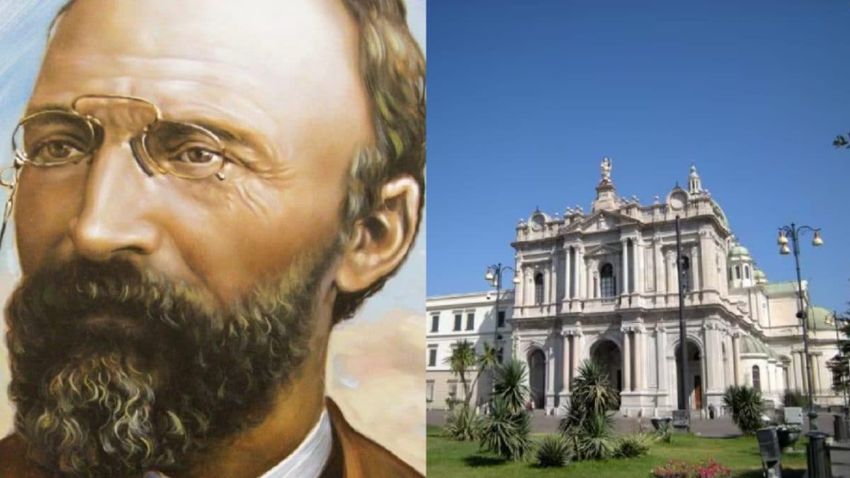 San Bartolo Longo (a sinistra) e il Santuario di Pompei, da lui fondato