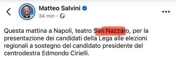 Il post di Salvini col nome sbagliato del teatro, poi corretto