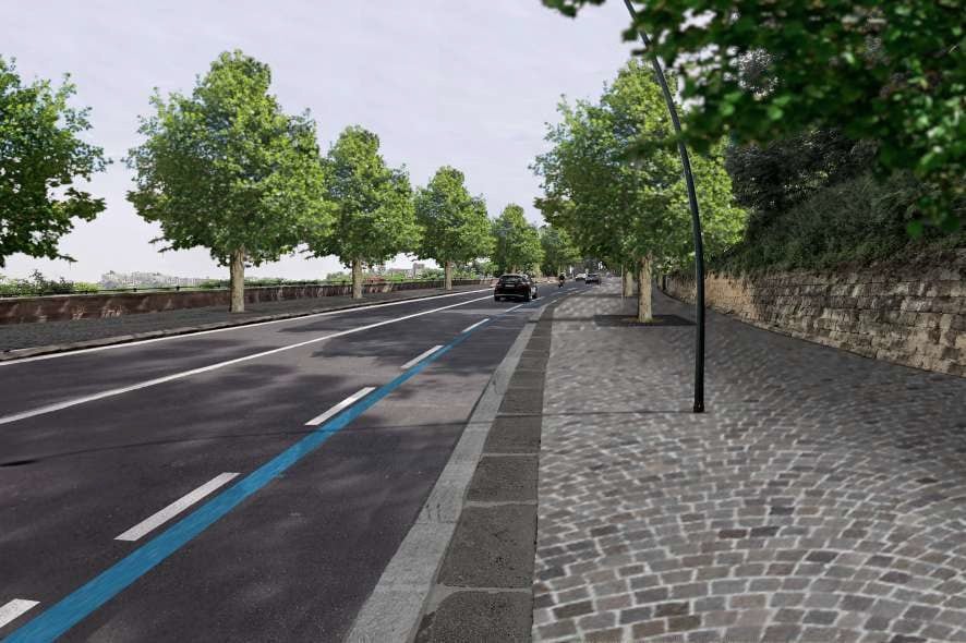 Il rendering di via Manzoni con i platani al posto dei pini