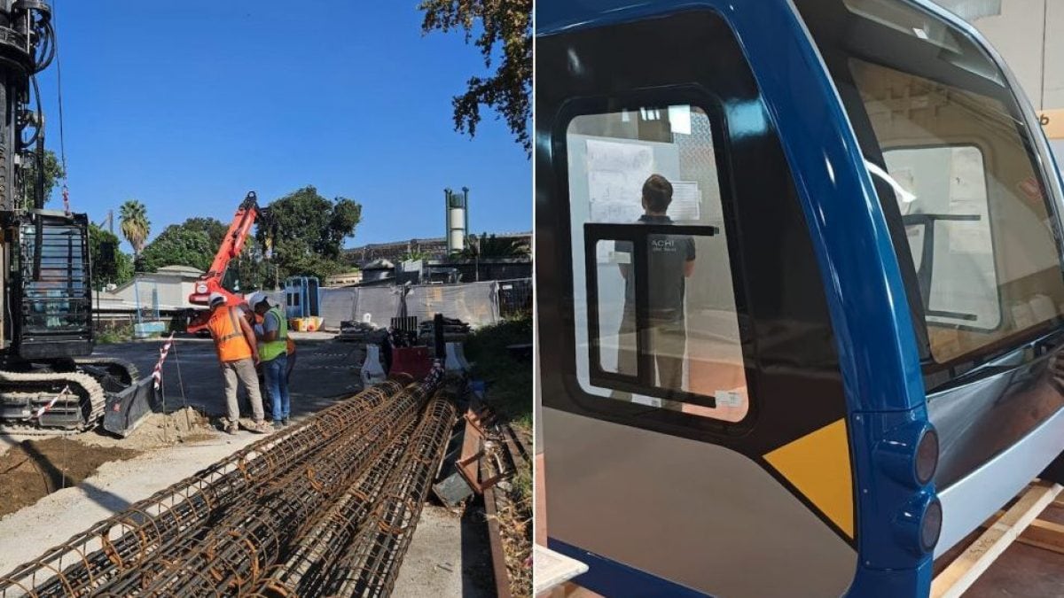 I cantieri a piazzale Tecchio per allargare l’officina (a sinistra). Il nuovo treno metro Linea 6 (a destra)