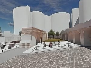 Il progetto per l&#8217;acquedotto romano dei Ponti Rossi di Napoli: piazzetta con alberi e panchine