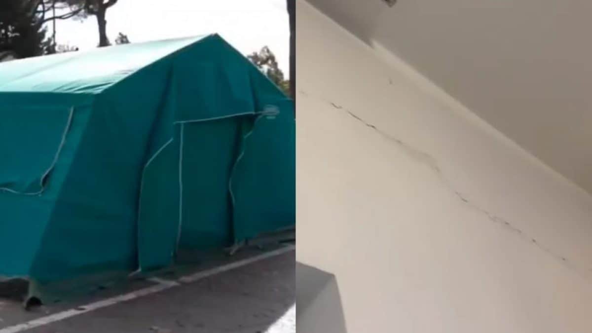 Tende della Protezione Civile a Montefredane (a sinistra). Crepe negli edifici (a destra)