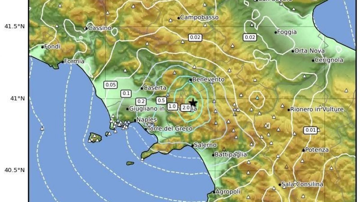 La mappa che mostra l’accelerazione della scossa in Irpinia di oggi / INGV
