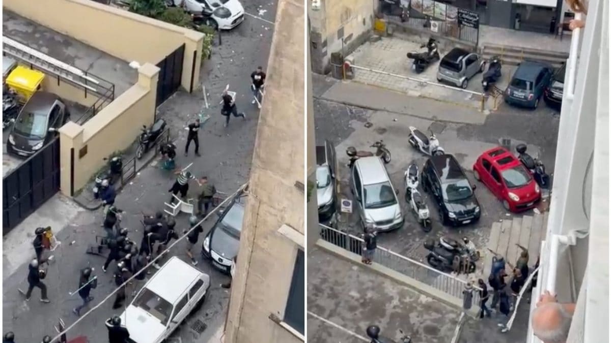 Frame del video dello scontro tra tifosi in via Melisurgo, nel centro di Napoli