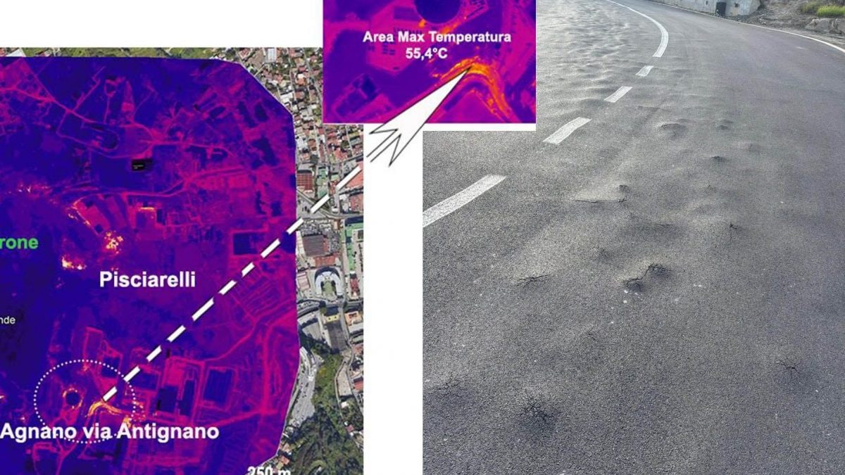Le riprese con le termocamere dell’Osservatorio Vesuviano (a destra). Le bolle in via Antiniana / foto Solfatara News (a sinistra)