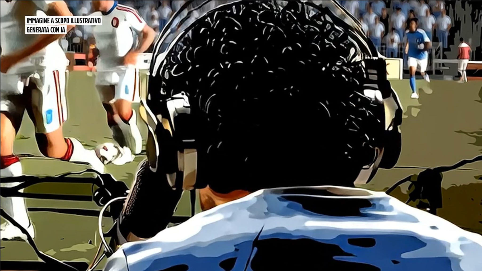 Immagine a scopo illustrativo generata con AI, Diego Armando Maradona che fa la telecronaca di una partita durante i mondiali in Francia del 1998