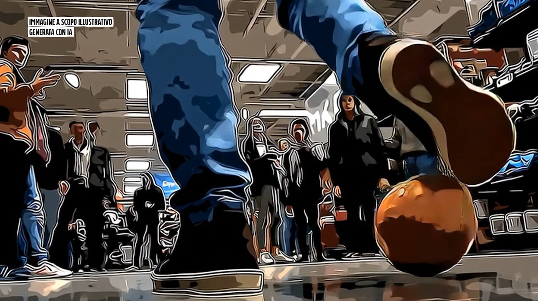 Immagine a scopo illustrativo generata con AI, Maradona palleggia con un arancia all’interno di un supermercato a Ibiza