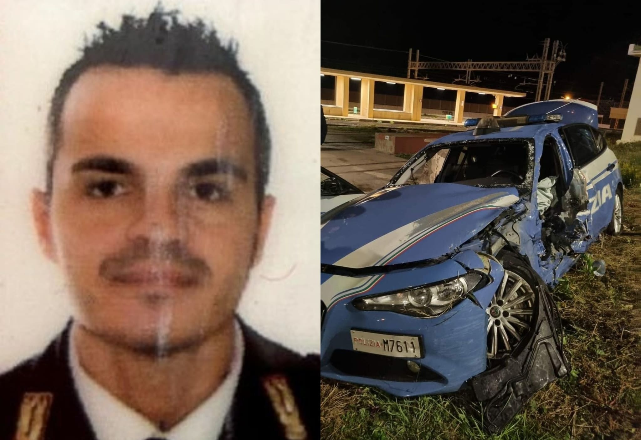 Aniello Scarpati, il poliziotto deceduto. A destra, l’auto di servizio travolta a Torre del Greco
