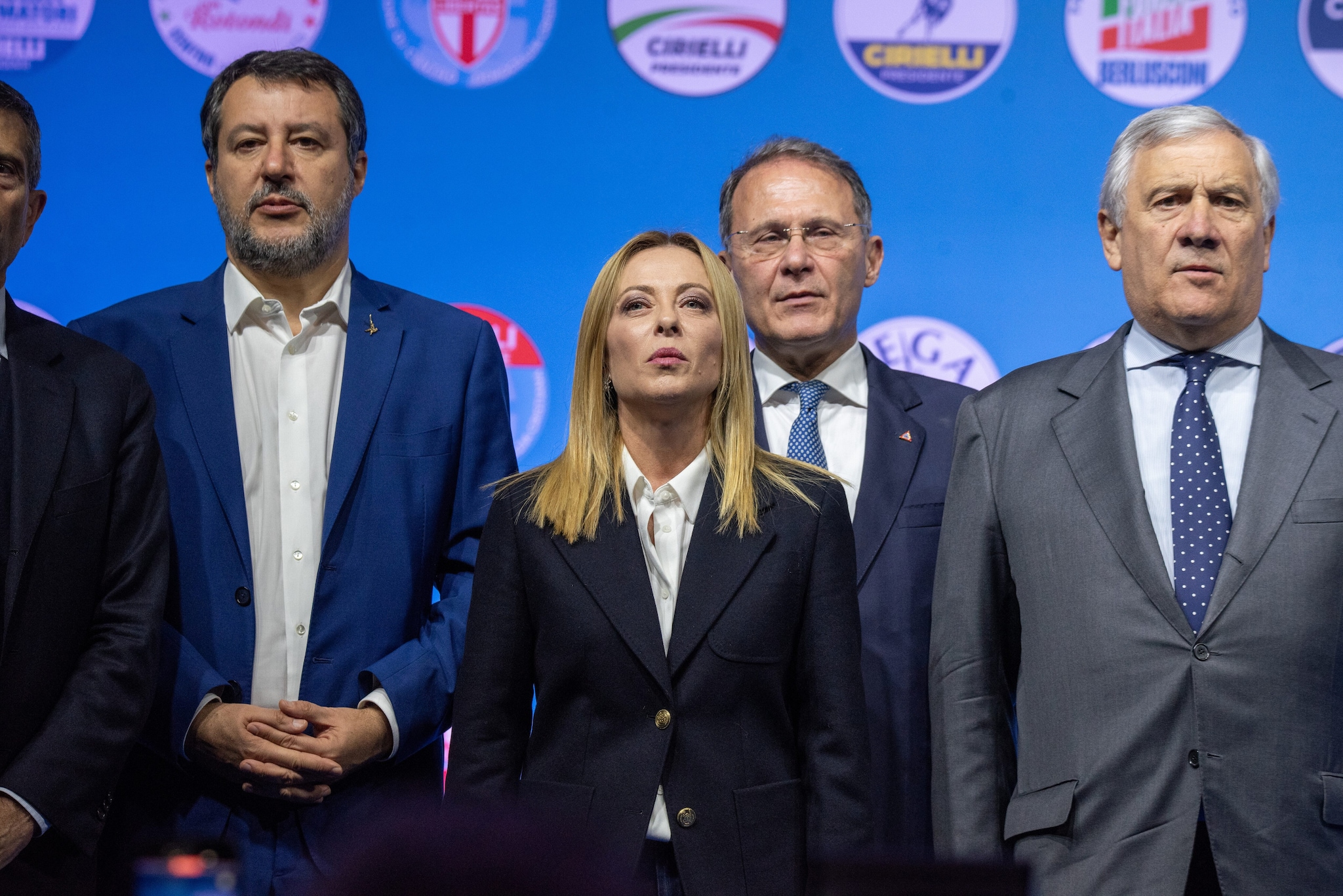 Meloni, Tajani, Salvini all’evento per Edmondo Cirielli, novembre 2025