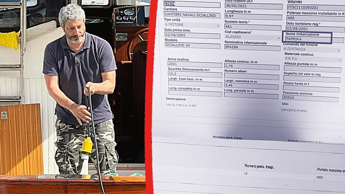 Fico a bordo del suo natante e la visura che evidenzia la proprietà della barca "Paprika", elementi entrambi diffusi dal centrodestra