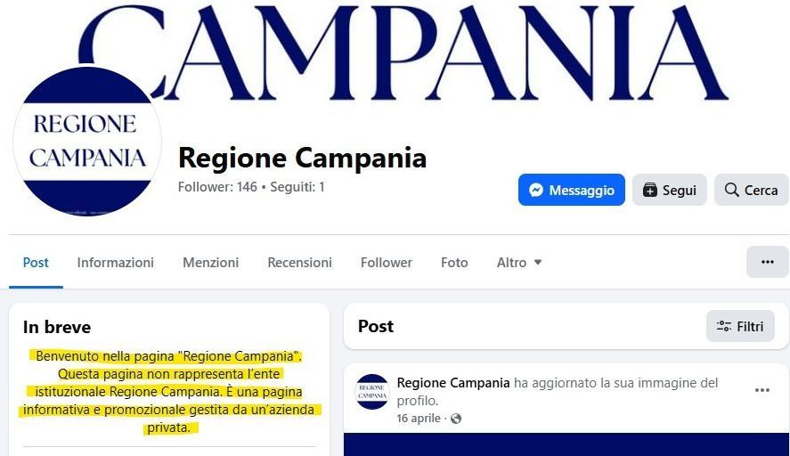 La finta pagina social della Regione Campania