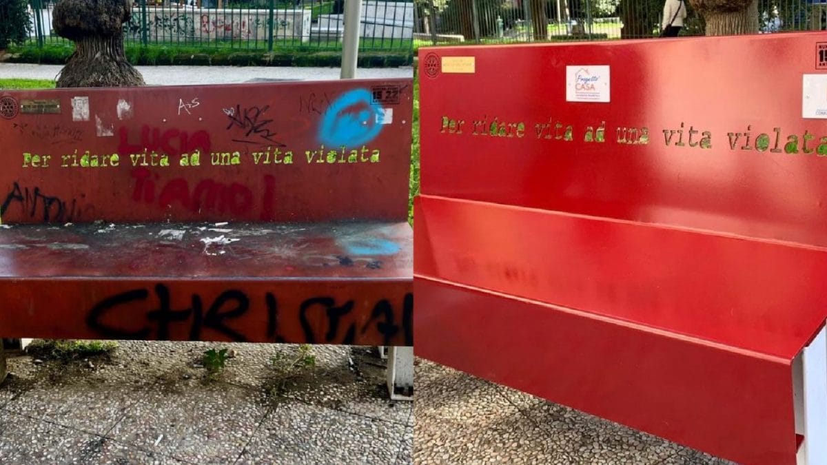 La panchina rossa all’Arenella oggi (a sinistra) e il giorno dell’installazione