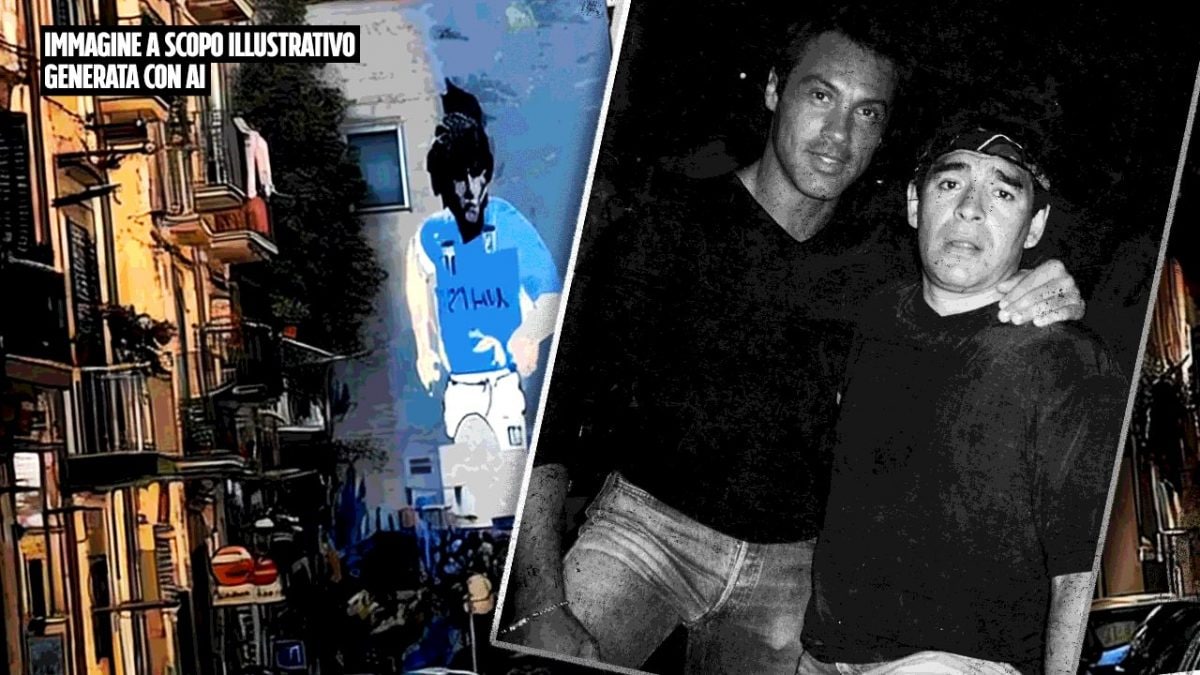 A sinistra: immagine a scopo illustrativo generata con AI del murales di Maradona a Napoli. A destra: foto dell’ex narcotrafficante Rino Bonifacio insieme a Diego Armando Maradona a Ibiza, nel 1998