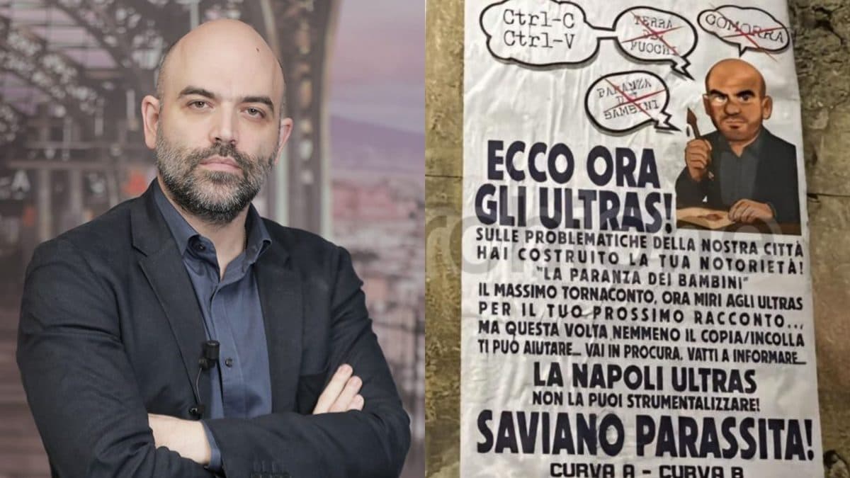 Roberto Saviano ospite di Fanpage.it (a sx) e il volantino apparso in queste ore a Napoli (a dx)