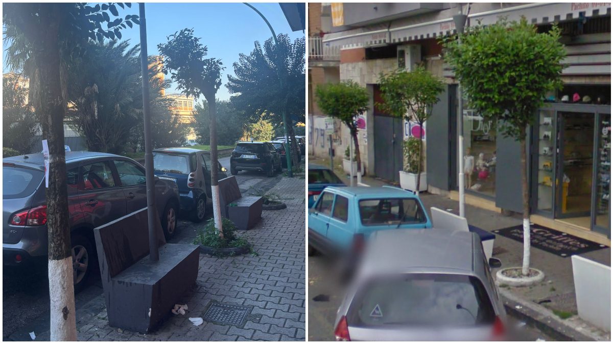 Il palo installato sulla panchina a Casavatore (Napoli) oggi e nel 2011