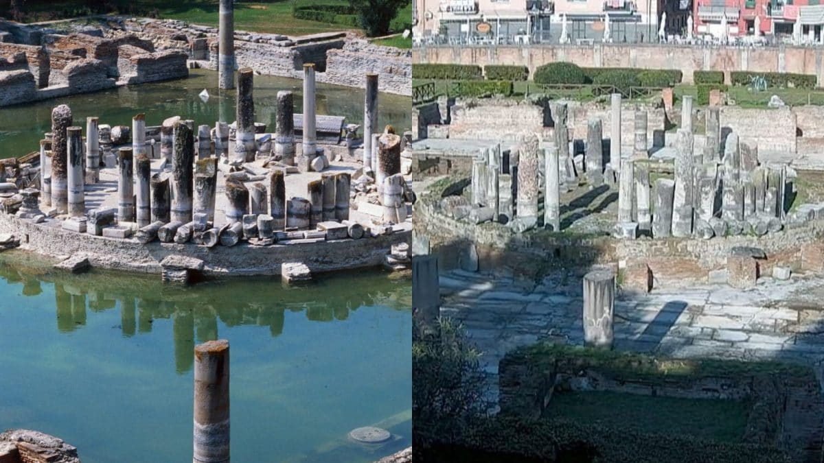 Il Macellum nel 2003 (a sinistra) e oggi (a destra)