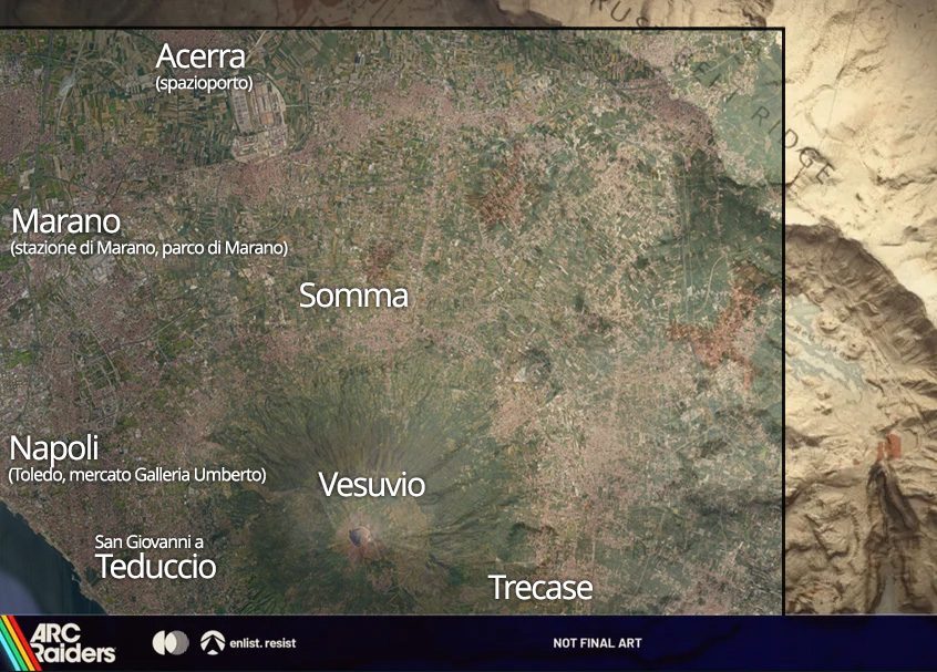 La mappa della provincia di Napoli sovrapposta a quella del gioco con i luoghi più evocativi.