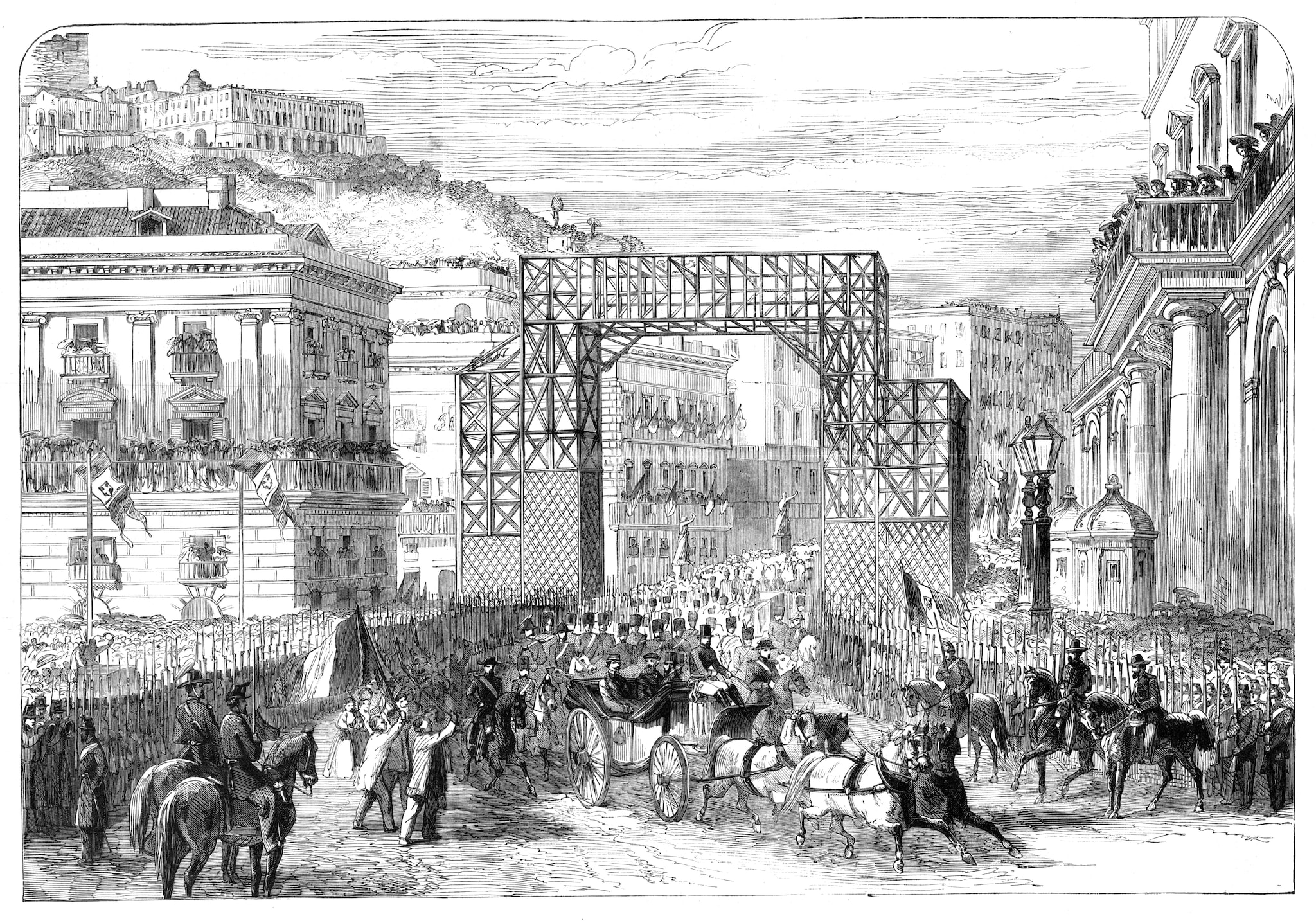 L’ingresso di Vittorio Emanuele a Napoli: scena in Piazza del Palazzo Reale, guardando verso via Toledo, 1860 / foto di The Print Collector/Heritage Images via Getty Images