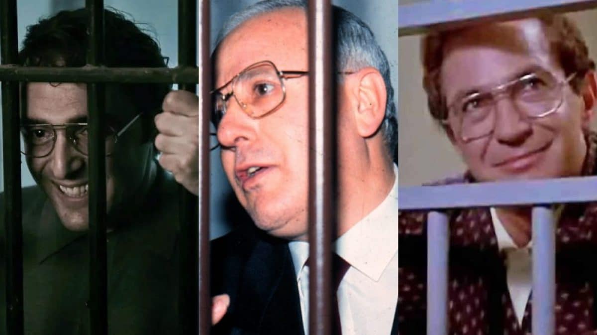A destra e sinistra i due attori di Gomorra e de "Il Camorrista". Al centro il vero boss Raffaele Cutolo, deceduto nel 2021